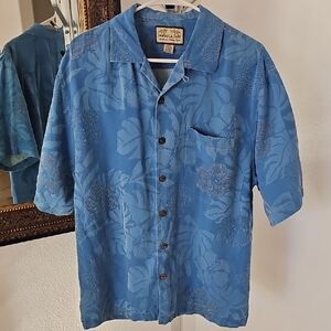 Jamaica Jaxx Teal Blue Floral Pattern 100% Silk Seda Short Sleeve Shirt - Medium